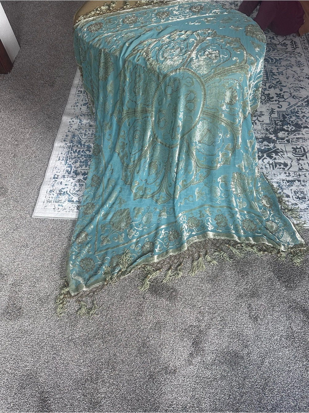Aqua Blue silk Woven Fabric Scarf with Metallic Fringe